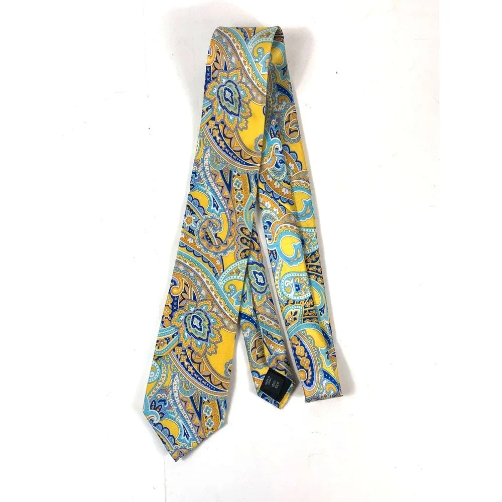 Geoffrey Beene 100% Silk Tie Yellow Blue Paisley Floral Pattern Men's Necktie